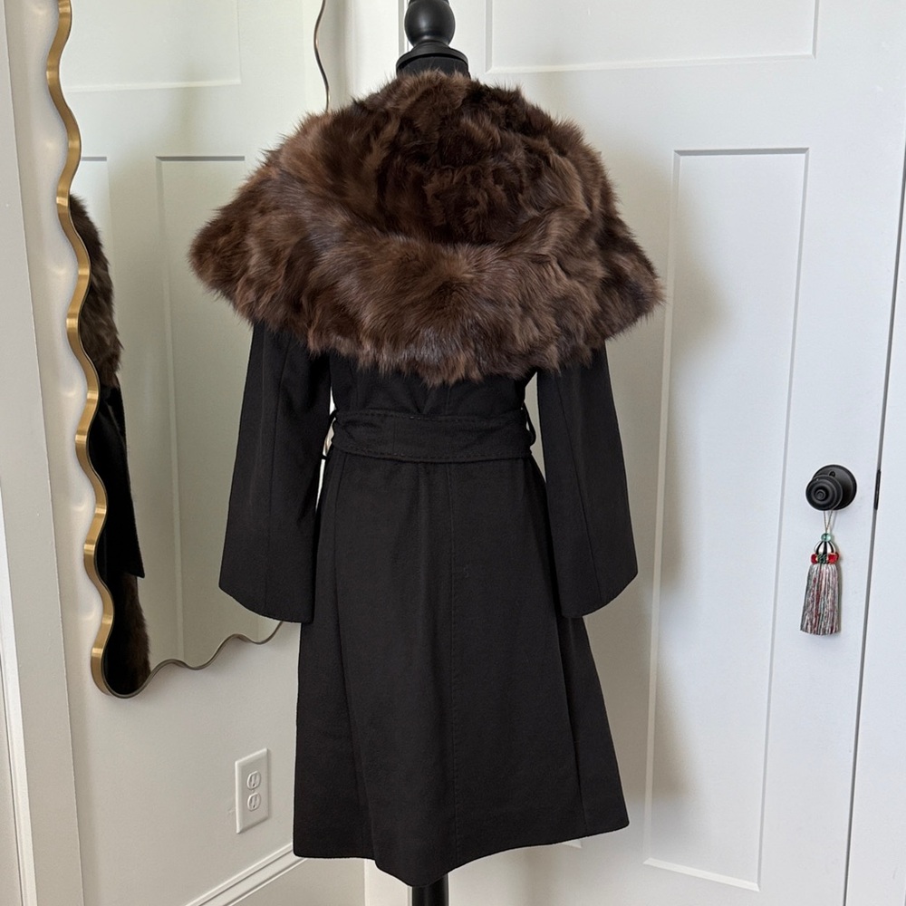 Cinzia Rocca Black Cashmere/Angora Wrap Coat with Brown Sable Fur Collar/Hood - Picture 2 of 10